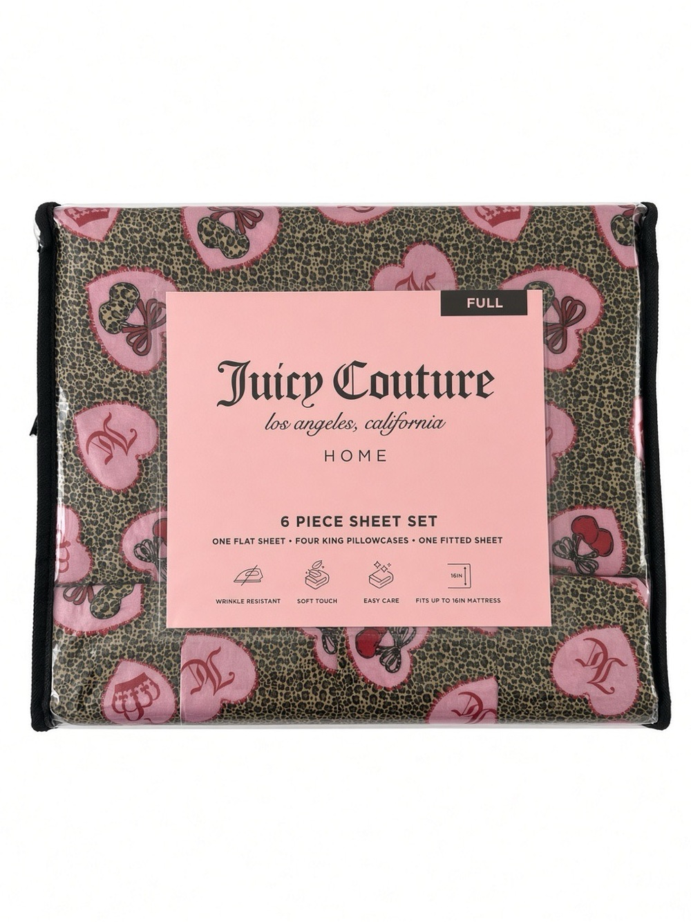Juicy Couture Home Full 6-Piece Sheet Set Leopard Hearts Cherries Pink Red NWT